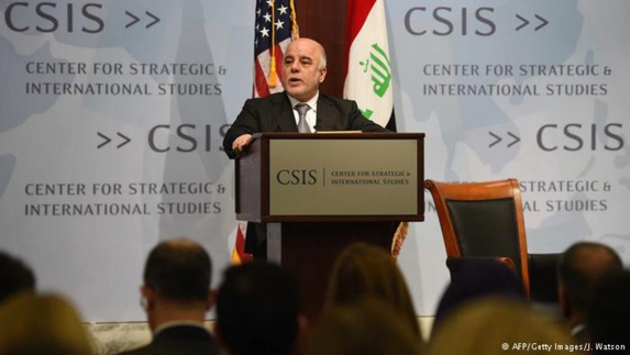 حیدر عبادی، نخست وزیر عراق، در حال سخنرانی در مرکز مطالعات استراتژیک واشنگتن