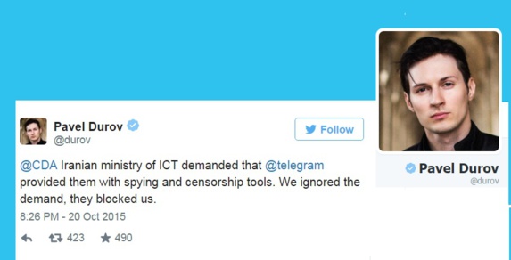 مسدود شدن تلگرام در پی رد درخواست دولت ایران برای جاسوسی از شهروندانش مسدود شدن تلگرام در پی رد درخواست دولت ایران برای جاسوسی از شهروندانش