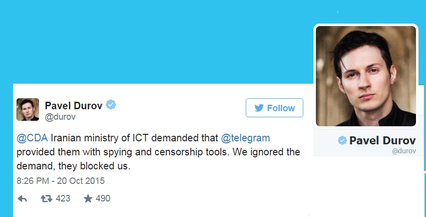 مسدود شدن تلگرام در پی رد درخواست دولت ایران برای جاسوسی از شهروندانش مسدود شدن تلگرام در پی رد درخواست دولت ایران برای جاسوسی از شهروندانش